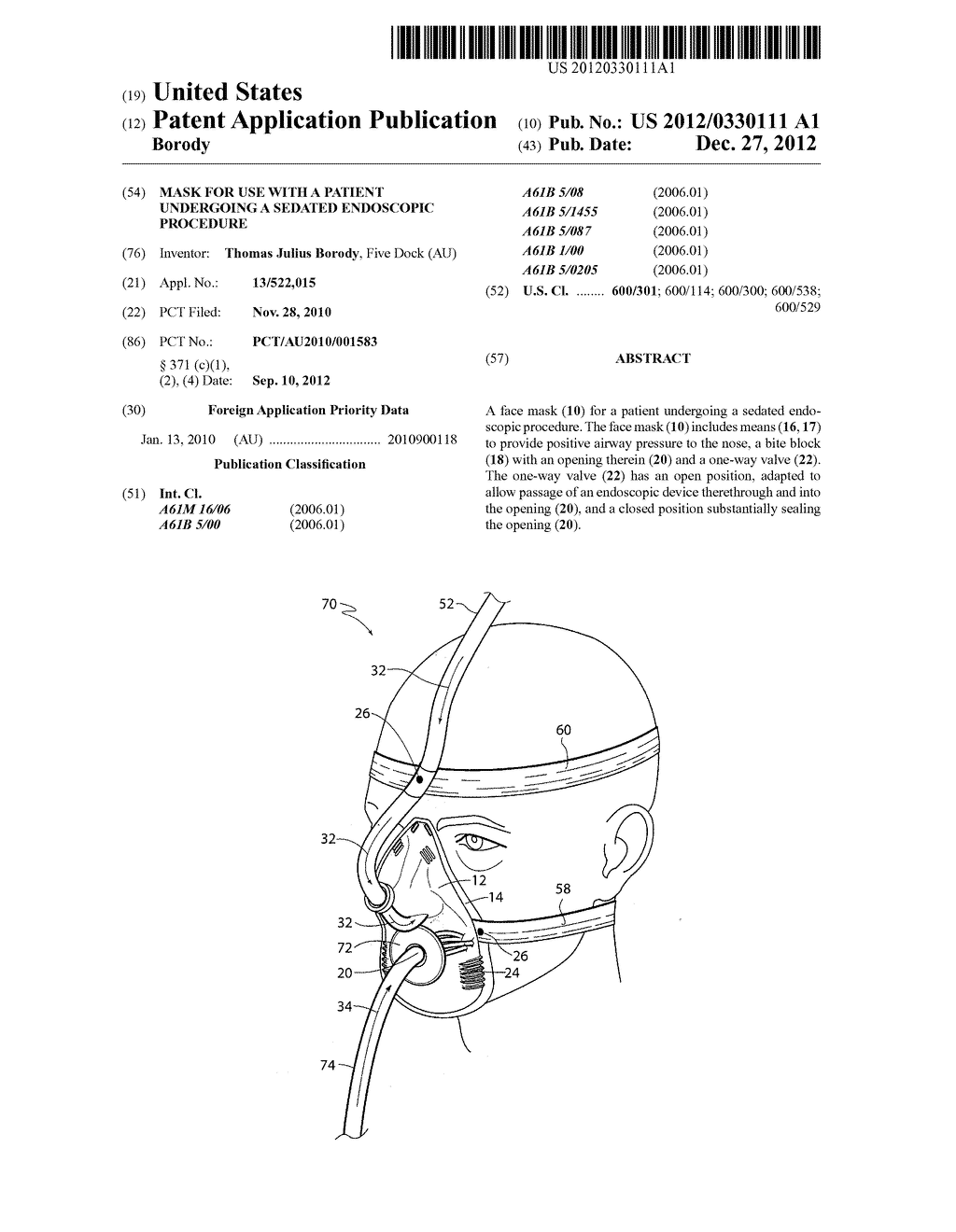 MASK FOR USE WITH A PATIENT UNDERGOING A SEDATED ENDOSCOPIC PROCEDURE - diagram, schematic, and image 01