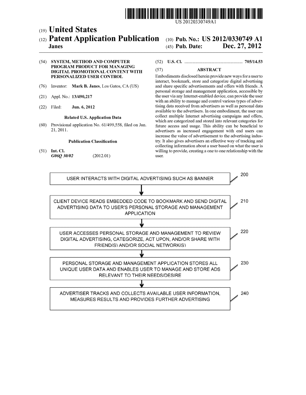 SYSTEM, METHOD AND COMPUTER PROGRAM PRODUCT FOR MANAGING DIGITAL     PROMOTIONAL CONTENT WITH PERSONALIZED USER CONTROL - diagram, schematic, and image 01