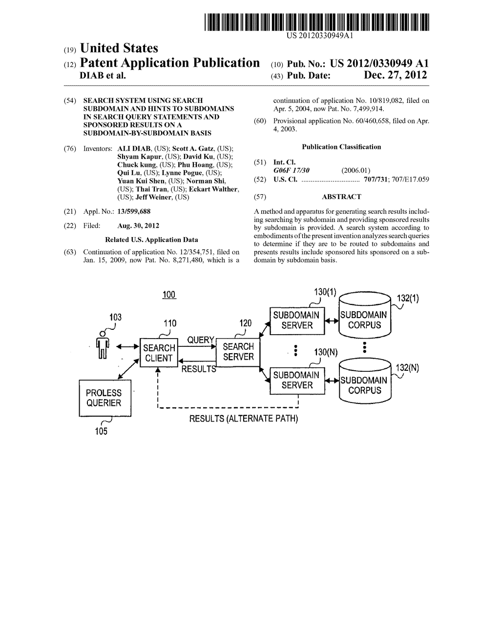 Search System Using Search Subdomain and Hints to Subdomains in Search     Query Statements and Sponsored Results on a Subdomain-By-Subdomain Basis - diagram, schematic, and image 01