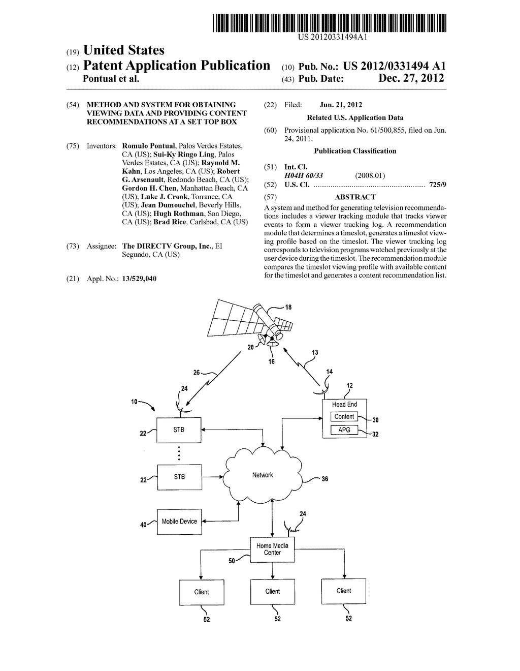 METHOD AND SYSTEM FOR OBTAINING VIEWING DATA AND PROVIDING CONTENT     RECOMMENDATIONS AT A SET TOP BOX - diagram, schematic, and image 01