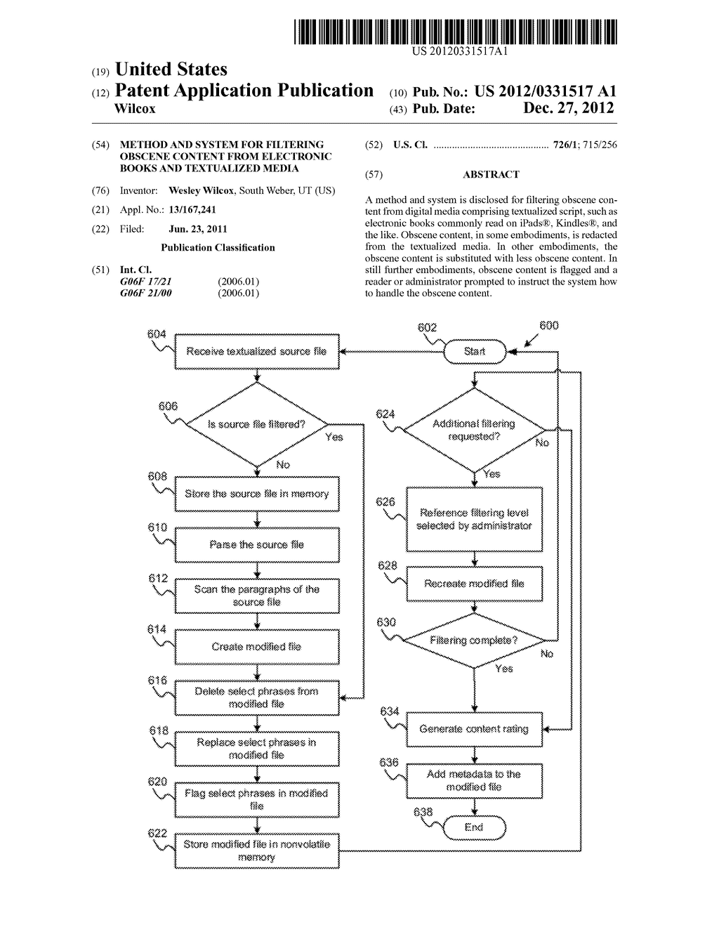 METHOD AND SYSTEM FOR FILTERING OBSCENE CONTENT FROM ELECTRONIC BOOKS AND     TEXTUALIZED MEDIA - diagram, schematic, and image 01