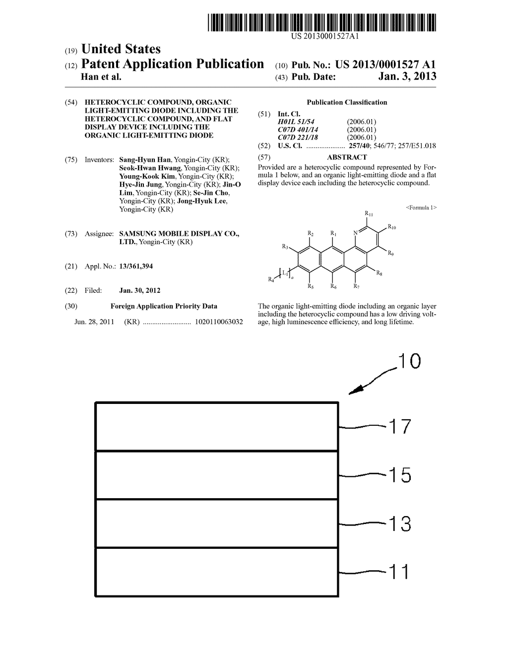 HETEROCYCLIC COMPOUND, ORGANIC LIGHT-EMITTING DIODE INCLUDING THE     HETEROCYCLIC COMPOUND, AND FLAT DISPLAY DEVICE INCLUDING THE ORGANIC     LIGHT-EMITTING DIODE - diagram, schematic, and image 01