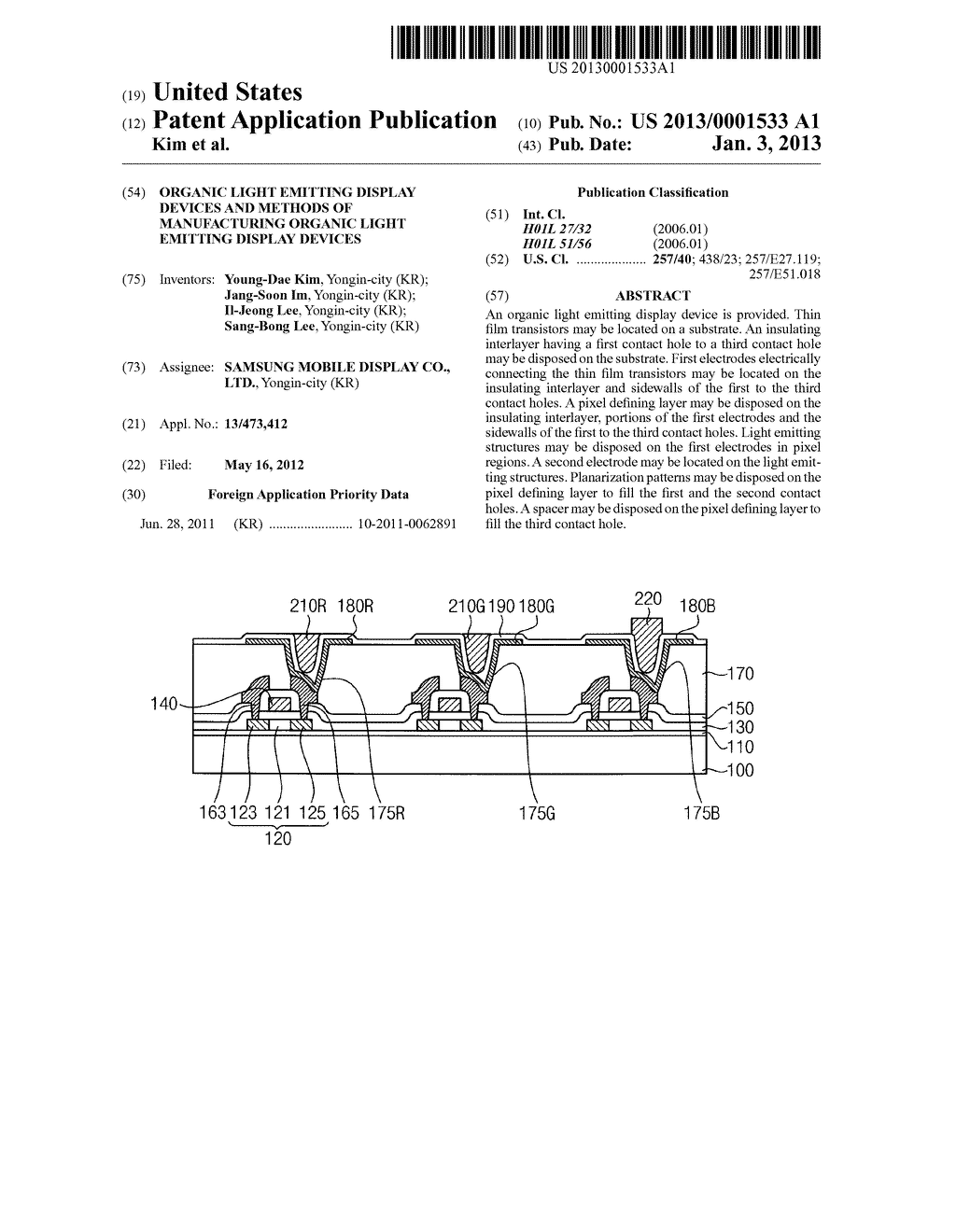 ORGANIC LIGHT EMITTING DISPLAY DEVICES AND METHODS OF MANUFACTURING     ORGANIC LIGHT EMITTING DISPLAY DEVICES - diagram, schematic, and image 01