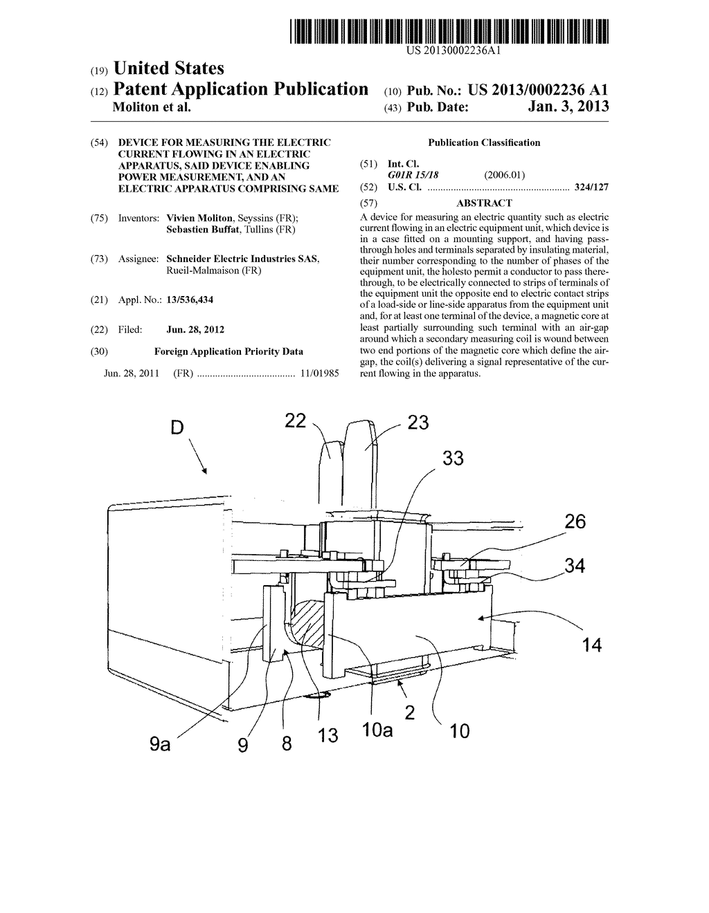 DEVICE FOR MEASURING THE ELECTRIC CURRENT FLOWING IN AN ELECTRIC     APPARATUS, SAID DEVICE ENABLING POWER MEASUREMENT, AND AN ELECTRIC     APPARATUS COMPRISING SAME - diagram, schematic, and image 01