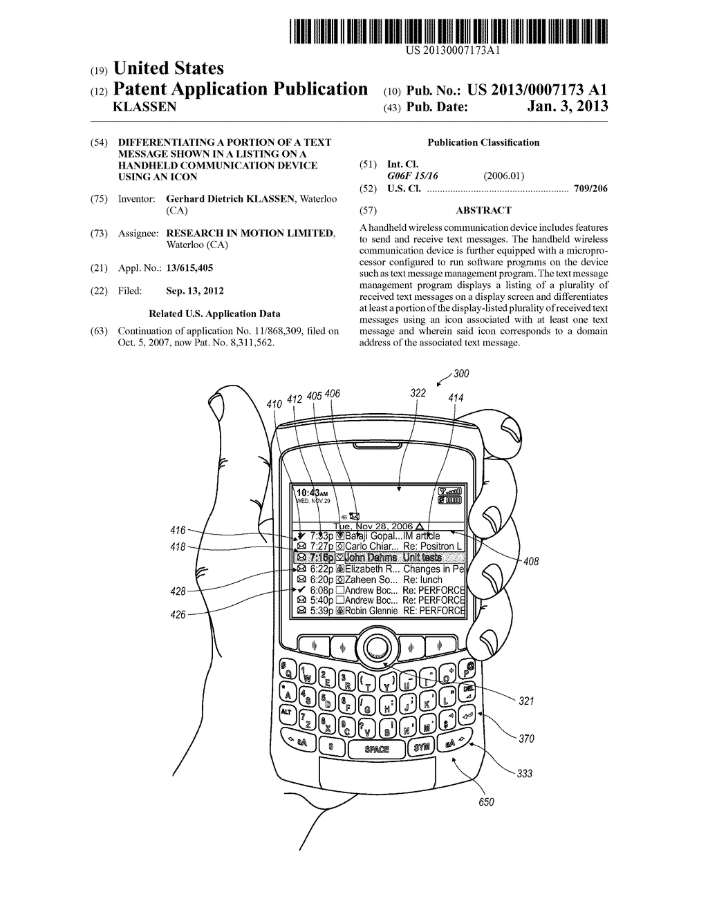 DIFFERENTIATING A PORTION OF A TEXT MESSAGE SHOWN IN A LISTING ON A     HANDHELD COMMUNICATION DEVICE USING AN ICON - diagram, schematic, and image 01