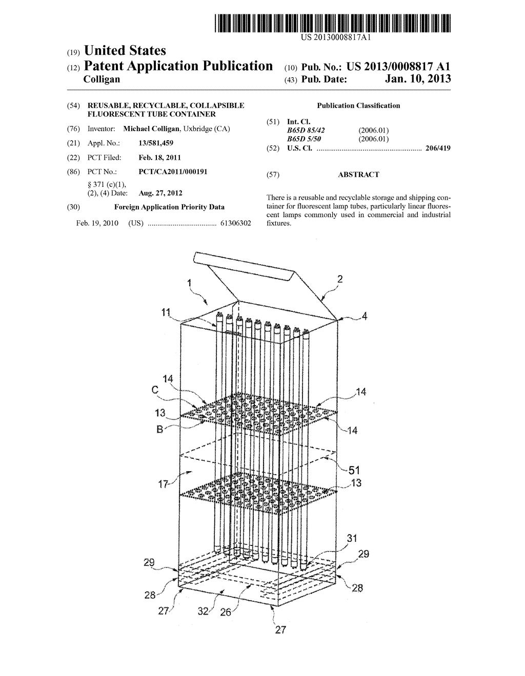 REUSABLE, RECYCLABLE, COLLAPSIBLE FLUORESCENT TUBE CONTAINER - diagram, schematic, and image 01