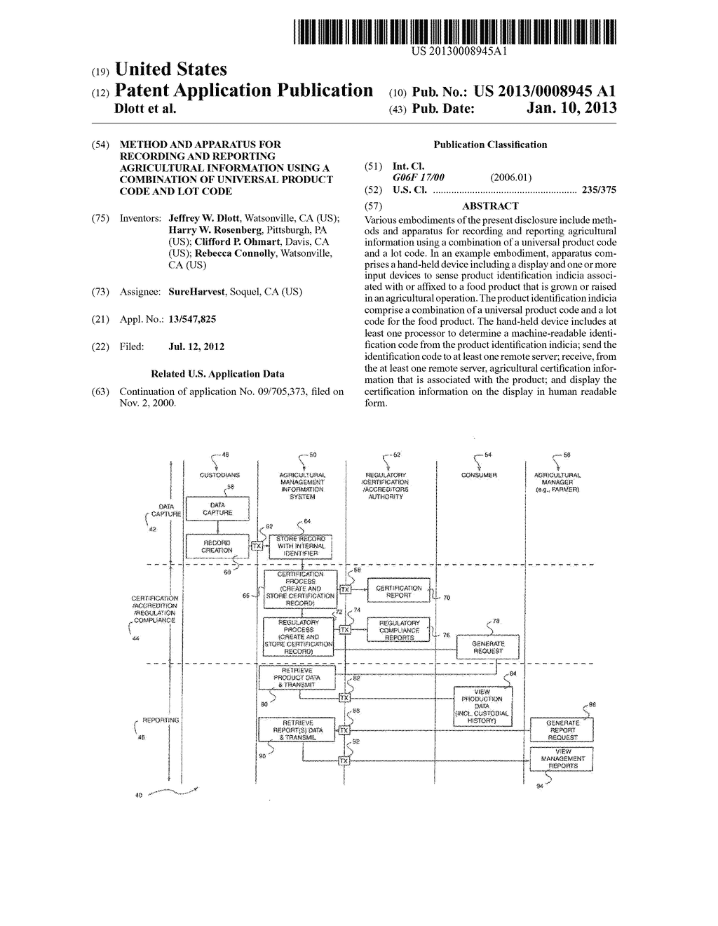 METHOD AND APPARATUS FOR RECORDING AND REPORTING AGRICULTURAL INFORMATION     USING A COMBINATION OF UNIVERSAL PRODUCT CODE AND LOT CODE - diagram, schematic, and image 01