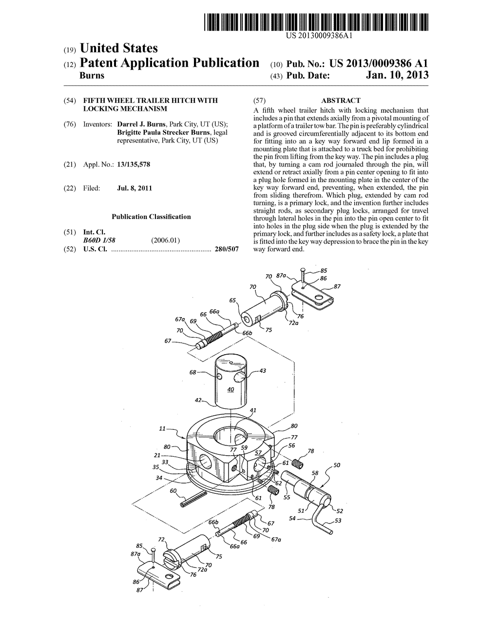 Fifth wheel trailer hitch with locking mechanism - diagram, schematic, and image 01