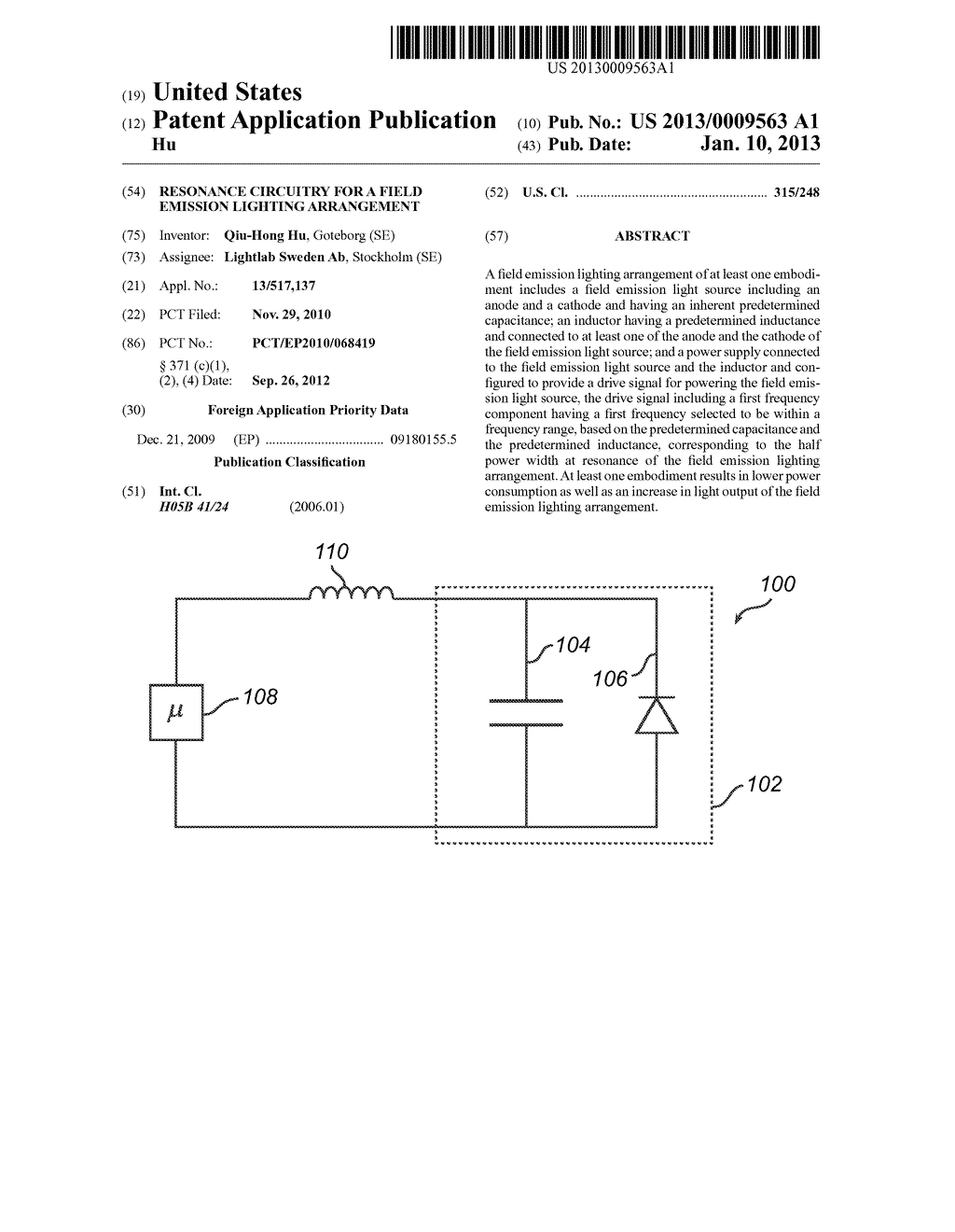 RESONANCE CIRCUITRY FOR A FIELD EMISSION LIGHTING ARRANGEMENT - diagram, schematic, and image 01