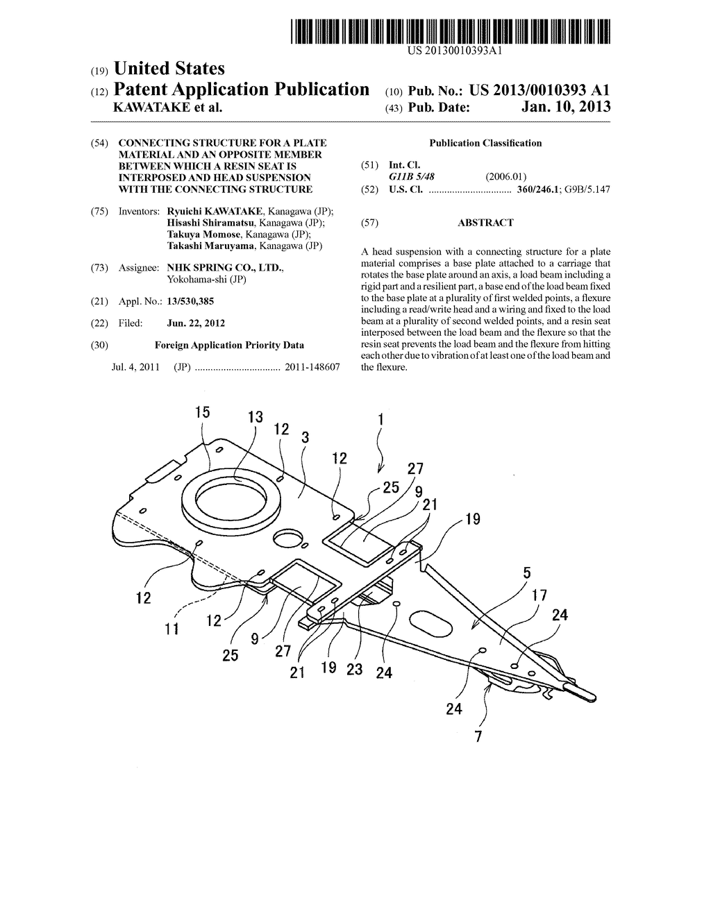 CONNECTING STRUCTURE FOR A PLATE MATERIAL AND AN OPPOSITE MEMBER BETWEEN     WHICH A RESIN SEAT IS INTERPOSED AND HEAD SUSPENSION WITH THE CONNECTING     STRUCTURE - diagram, schematic, and image 01