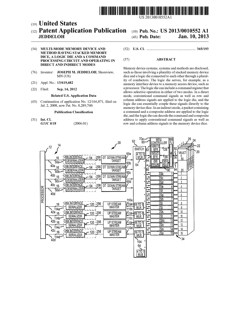 MULTI-MODE MEMORY DEVICE AND METHOD HAVING STACKED MEMORY DICE, A LOGIC     DIE AND A COMMAND PROCESSING CIRCUIT AND OPERATING IN DIRECT AND INDIRECT     MODES - diagram, schematic, and image 01