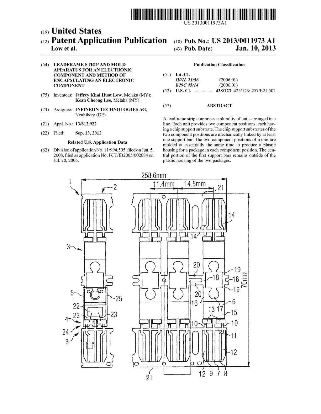 LEADFRAME STRIP AND MOLD APPARATUS FOR AN ELECTRONIC COMPONENT AND METHOD     OF ENCAPSULATING AN ELECTRONIC COMPONENT - diagram, schematic, and image 01