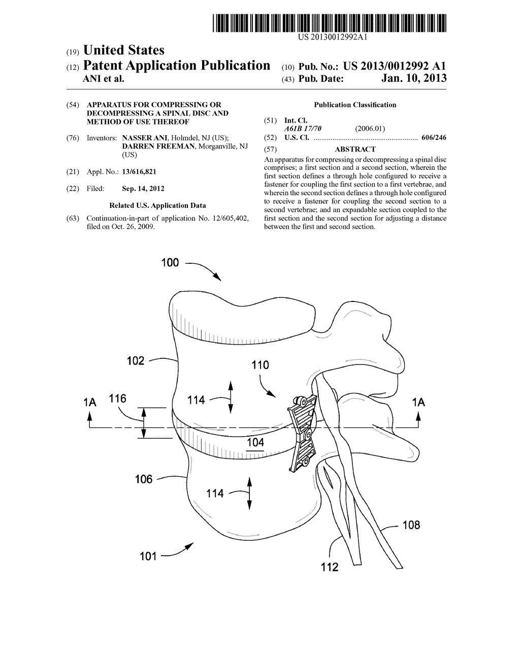 APPARATUS FOR COMPRESSING OR DECOMPRESSING A SPINAL DISC AND METHOD OF USE     THEREOF - diagram, schematic, and image 01