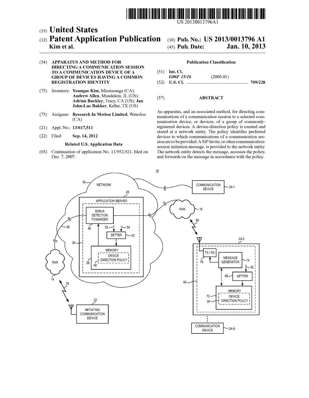 Apparatus and Method for Directing a Communication Session to a     Communication Device of a Group of Devices Having a Common Registration     Identity - diagram, schematic, and image 01