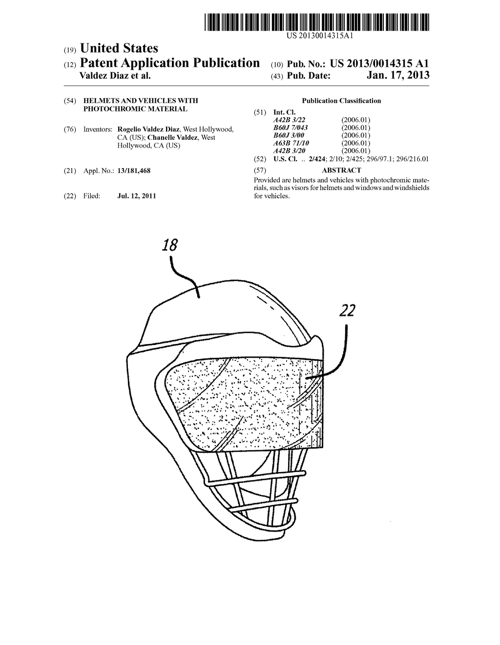 HELMETS AND VEHICLES WITH PHOTOCHROMIC MATERIALAANM Valdez Diaz; RogelioAACI West HollywoodAAST CAAACO USAAGP Valdez Diaz; Rogelio West Hollywood CA USAANM Valdez; ChanelleAACI West HollywoodAAST CAAACO USAAGP Valdez; Chanelle West Hollywood CA US - diagram, schematic, and image 01