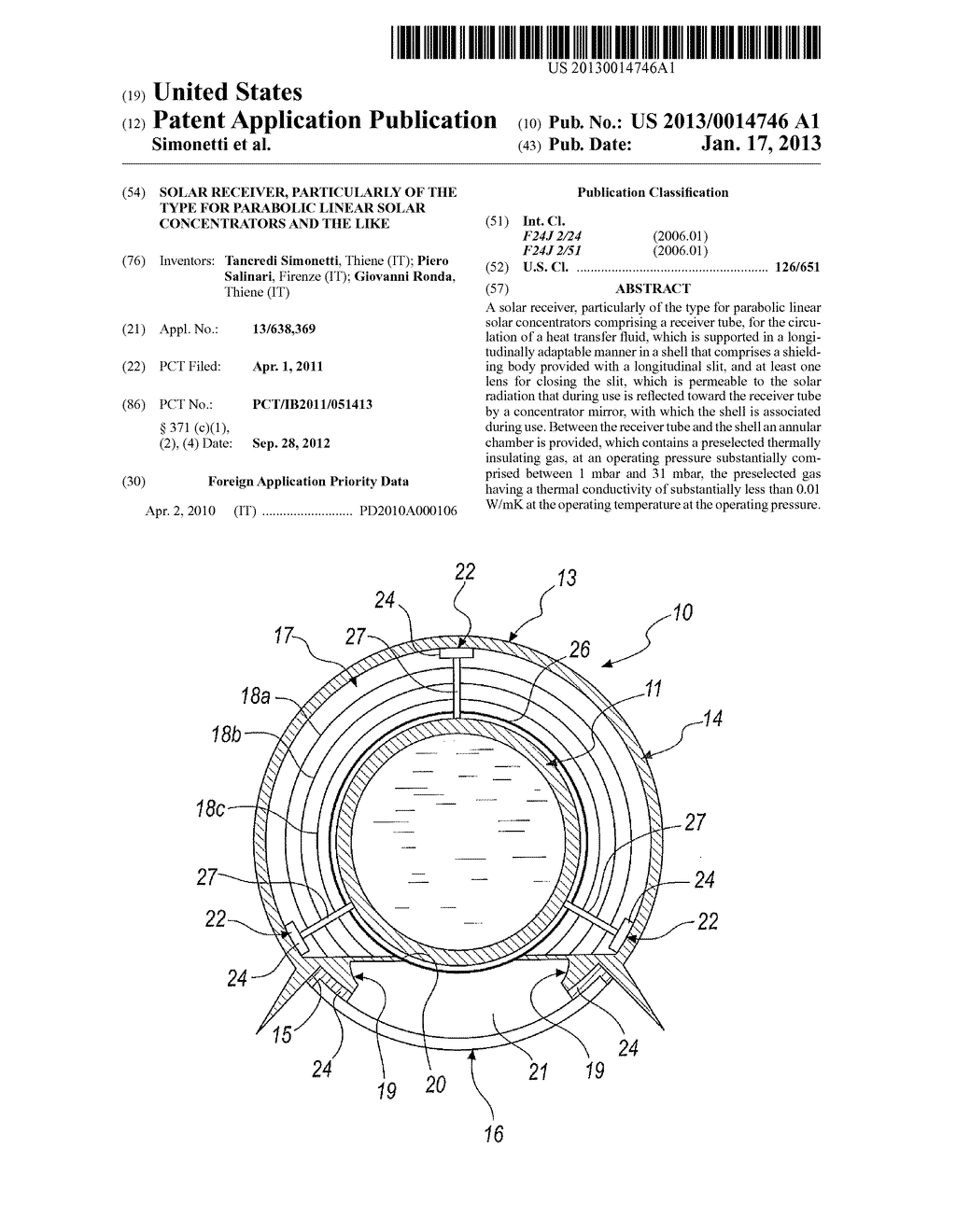 SOLAR RECEIVER, PARTICULARLY OF THE TYPE FOR PARABOLIC LINEAR SOLAR     CONCENTRATORS AND THE LIKEAANM Simonetti; TancrediAACI ThieneAACO ITAAGP Simonetti; Tancredi Thiene ITAANM Salinari; PieroAACI FirenzeAACO ITAAGP Salinari; Piero Firenze ITAANM Ronda; GiovanniAACI ThieneAACO ITAAGP Ronda; Giovanni Thiene IT - diagram, schematic, and image 01