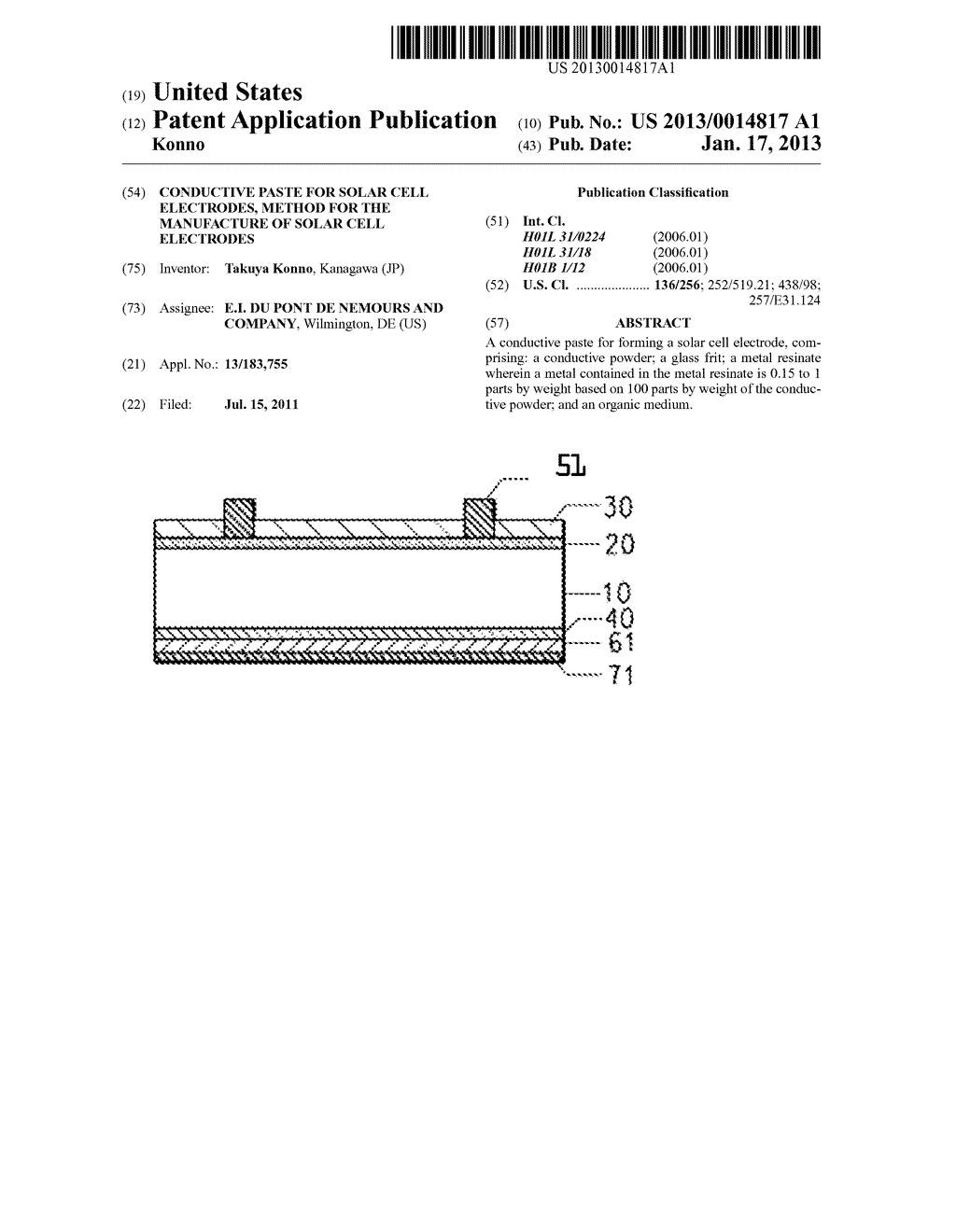 CONDUCTIVE PASTE FOR SOLAR CELL ELECTRODES, METHOD FOR THE MANUFACTURE OF     SOLAR CELL ELECTRODESAANM Konno; TakuyaAACI KanagawaAACO JPAAGP Konno; Takuya Kanagawa JP - diagram, schematic, and image 01