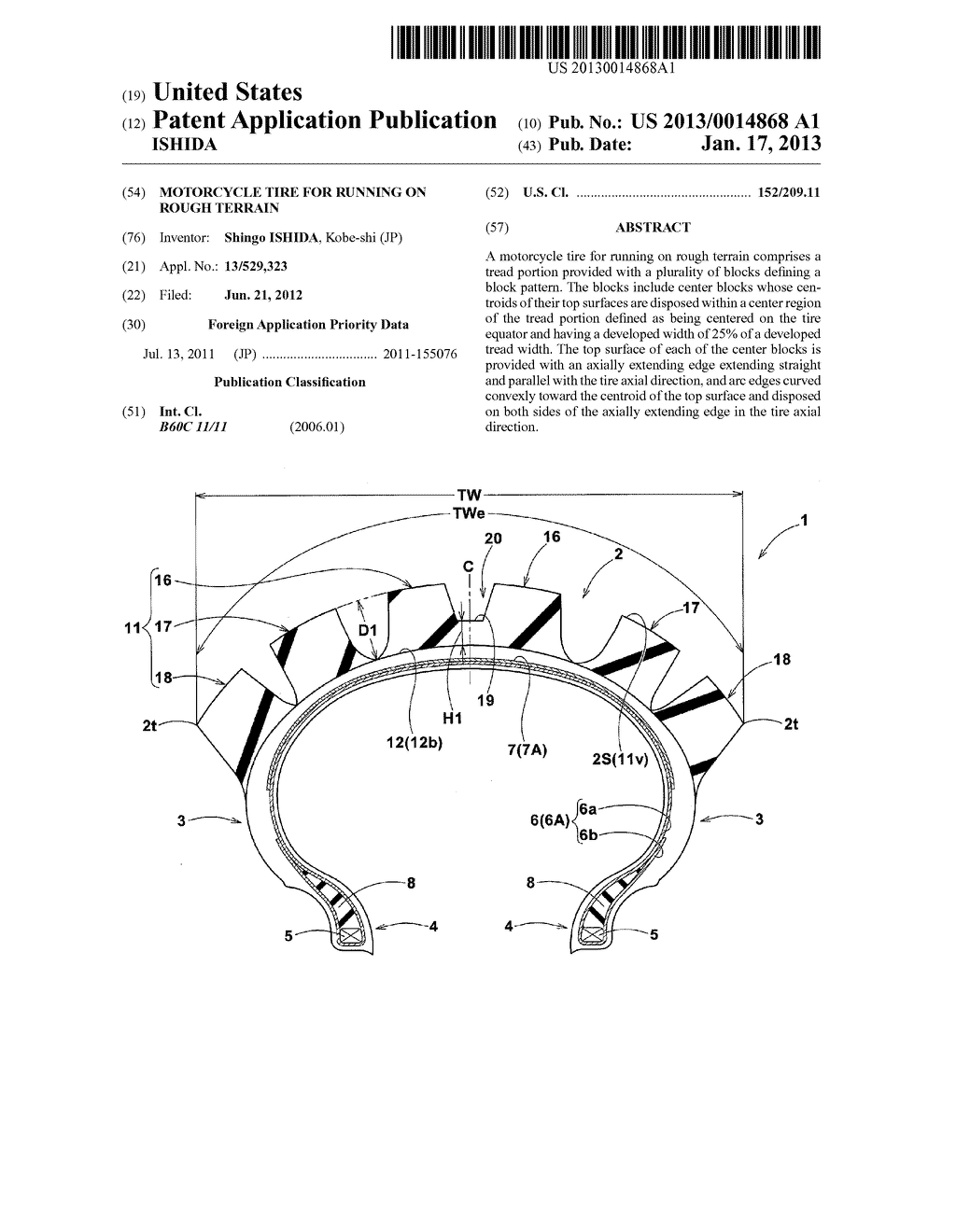 MOTORCYCLE TIRE FOR RUNNING ON ROUGH TERRAINAANM ISHIDA; ShingoAACI Kobe-shiAACO JPAAGP ISHIDA; Shingo Kobe-shi JP - diagram, schematic, and image 01