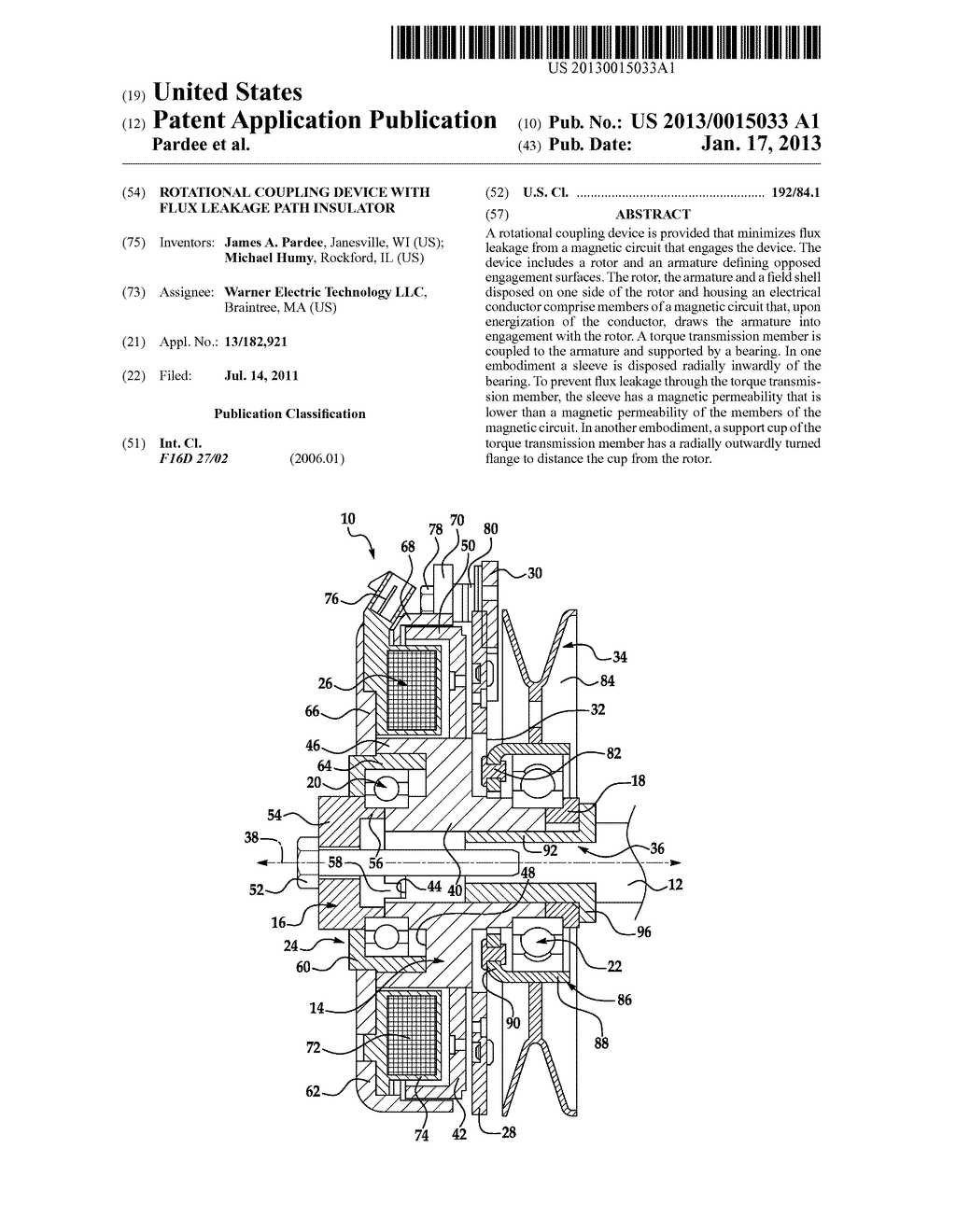 ROTATIONAL COUPLING DEVICE WITH FLUX LEAKAGE PATH INSULATORAANM Pardee; James A.AACI JanesvilleAAST WIAACO USAAGP Pardee; James A. Janesville WI USAANM Humy; MichaelAACI RockfordAAST ILAACO USAAGP Humy; Michael Rockford IL US - diagram, schematic, and image 01