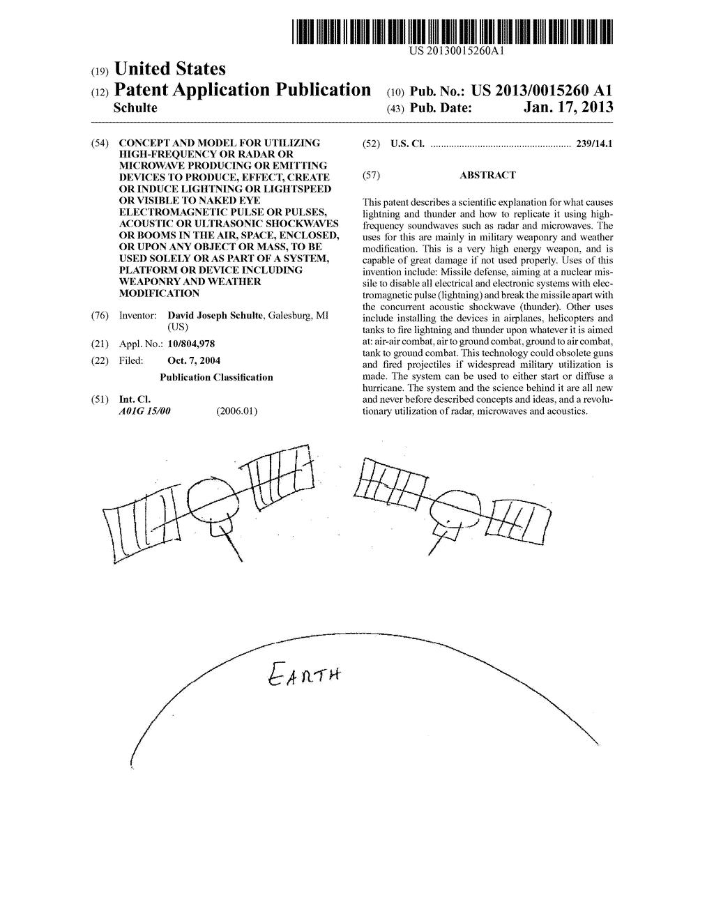 Concept and model for utilizing high-frequency or radar or microwave     producing or emitting devices to produce, effect, create or induce     lightning or lightspeed or visible to naked eye electromagnetic pulse or     pulses, acoustic or ultrasonic shockwaves or booms in the air, space,     enclosed, or upon any object or mass, to be used solely or as part of a     system, platform or device including weaponry and weather modificationAANM Schulte; David JosephAACI GalesburgAAST MIAACO USAAGP Schulte; David Joseph Galesburg MI US - diagram, schematic, and image 01