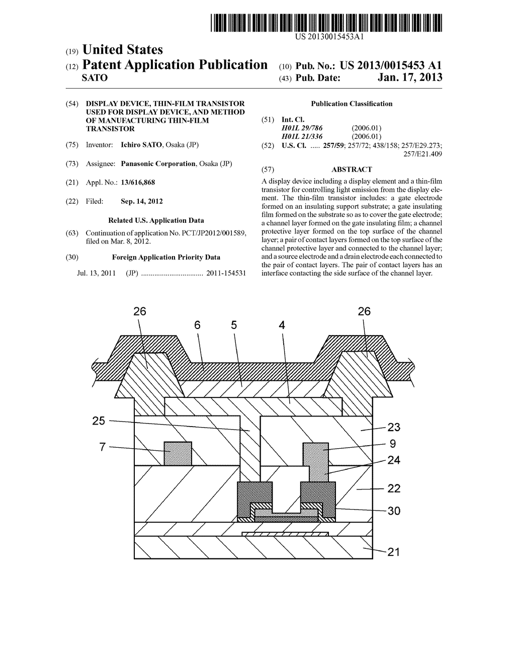 DISPLAY DEVICE, THIN-FILM TRANSISTOR USED FOR DISPLAY DEVICE, AND METHOD     OF MANUFACTURING THIN-FILM TRANSISTOR - diagram, schematic, and image 01