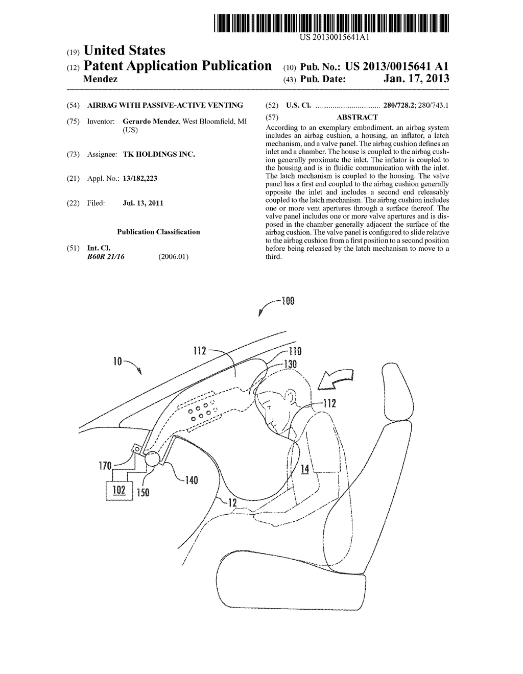 AIRBAG WITH PASSIVE-ACTIVE VENTINGAANM Mendez; GerardoAACI West BloomfieldAAST MIAACO USAAGP Mendez; Gerardo West Bloomfield MI US - diagram, schematic, and image 01