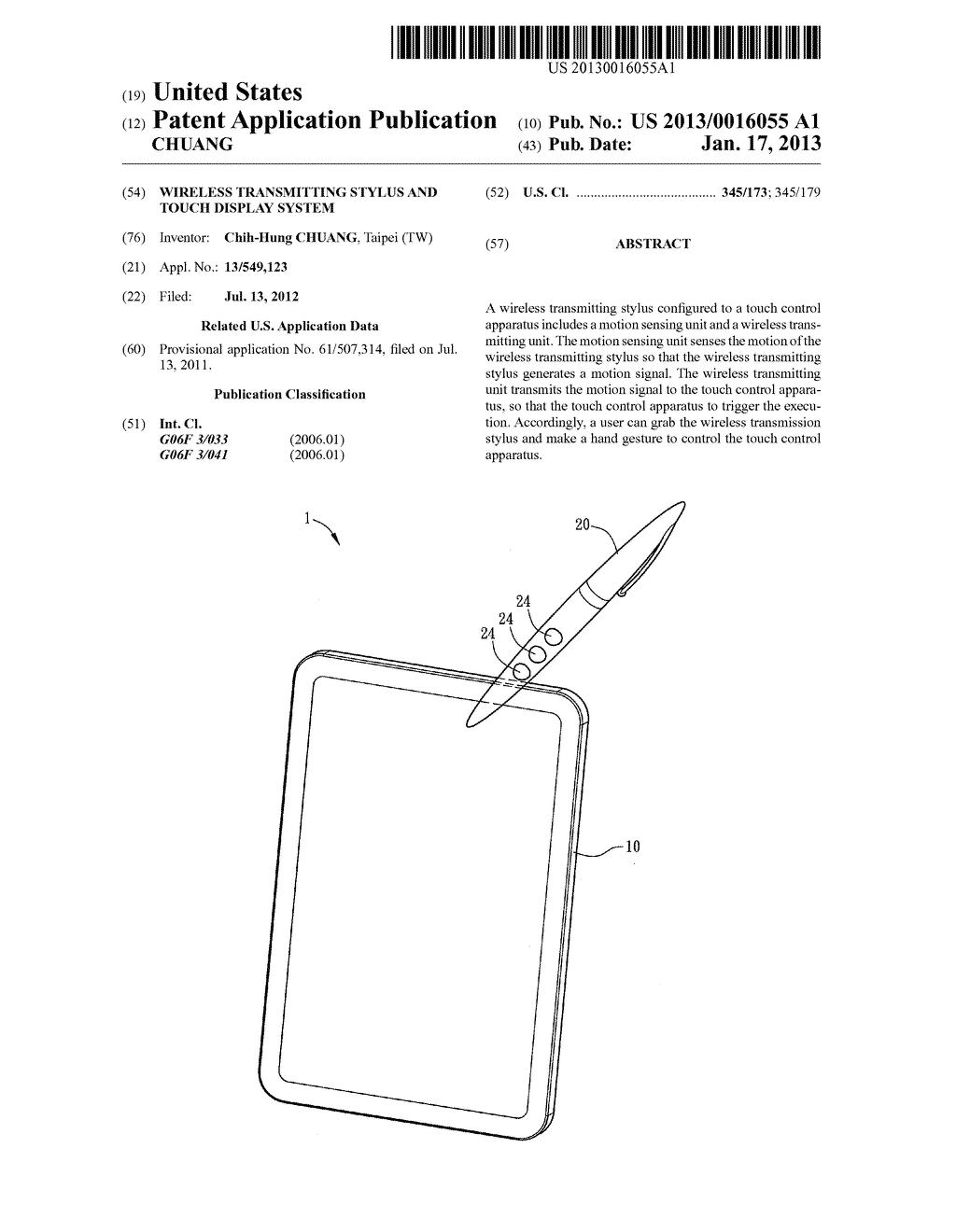 WIRELESS TRANSMITTING STYLUS AND TOUCH DISPLAY SYSTEM - diagram, schematic, and image 01