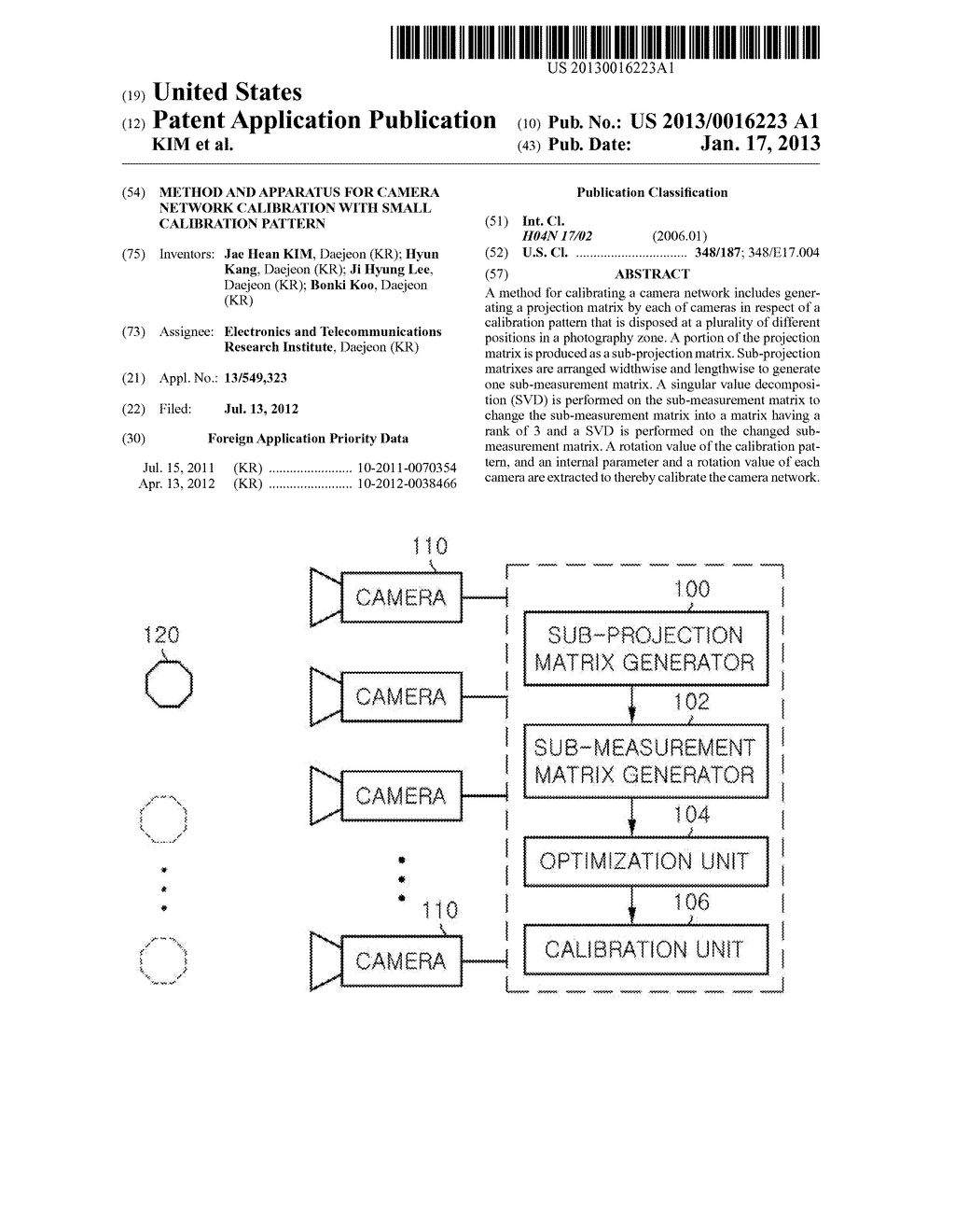 METHOD AND APPARATUS FOR CAMERA NETWORK CALIBRATION WITH SMALL CALIBRATION     PATTERNAANM KIM; Jae HeanAACI DaejeonAACO KRAAGP KIM; Jae Hean Daejeon KRAANM Kang; HyunAACI DaejeonAACO KRAAGP Kang; Hyun Daejeon KRAANM Lee; Ji HyungAACI DaejeonAACO KRAAGP Lee; Ji Hyung Daejeon KRAANM Koo; BonkiAACI DaejeonAACO KRAAGP Koo; Bonki Daejeon KR - diagram, schematic, and image 01