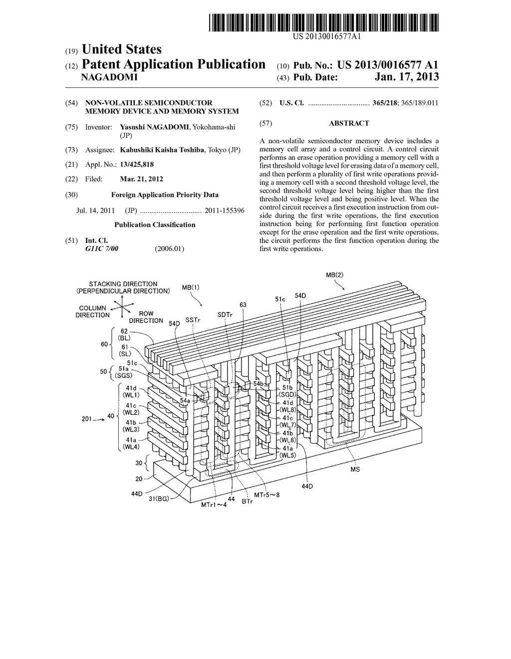 NON-VOLATILE SEMICONDUCTOR MEMORY DEVICE AND MEMORY SYSTEMAANM NAGADOMI; YasushiAACI Yokohama-shiAACO JPAAGP NAGADOMI; Yasushi Yokohama-shi JP - diagram, schematic, and image 01