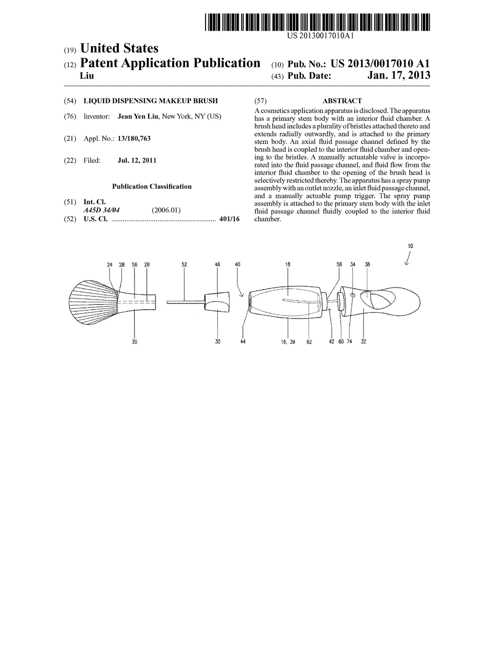 LIQUID DISPENSING MAKEUP BRUSHAANM Liu; Jean YenAACI New YorkAAST NYAACO USAAGP Liu; Jean Yen New York NY US - diagram, schematic, and image 01