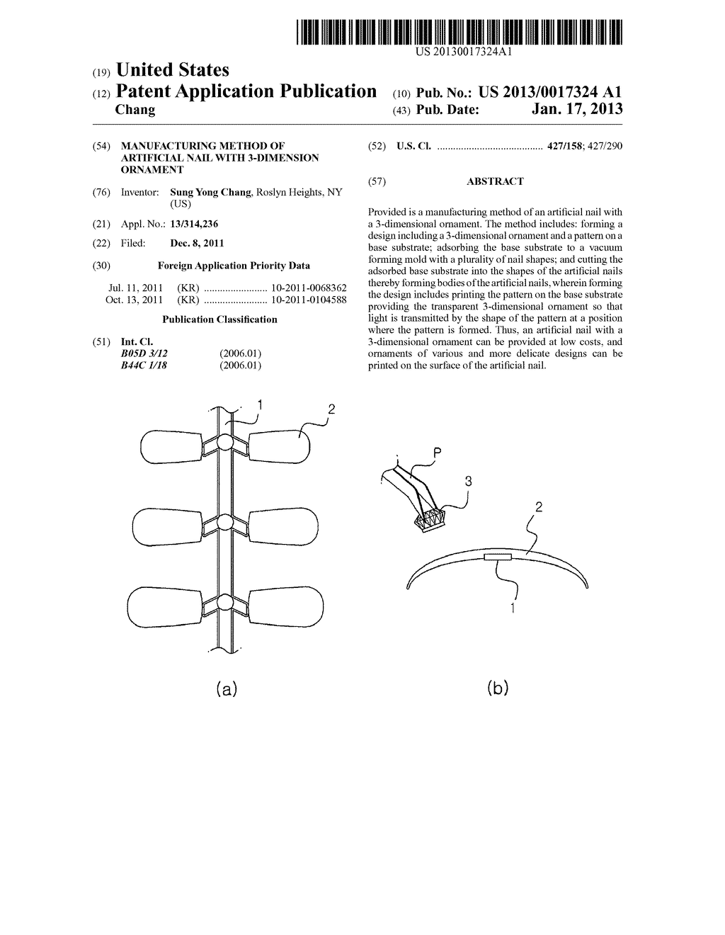 MANUFACTURING METHOD OF ARTIFICIAL NAIL WITH 3-DIMENSION ORNAMENTAANM Chang; Sung YongAACI Roslyn HeightsAAST NYAACO USAAGP Chang; Sung Yong Roslyn Heights NY US - diagram, schematic, and image 01