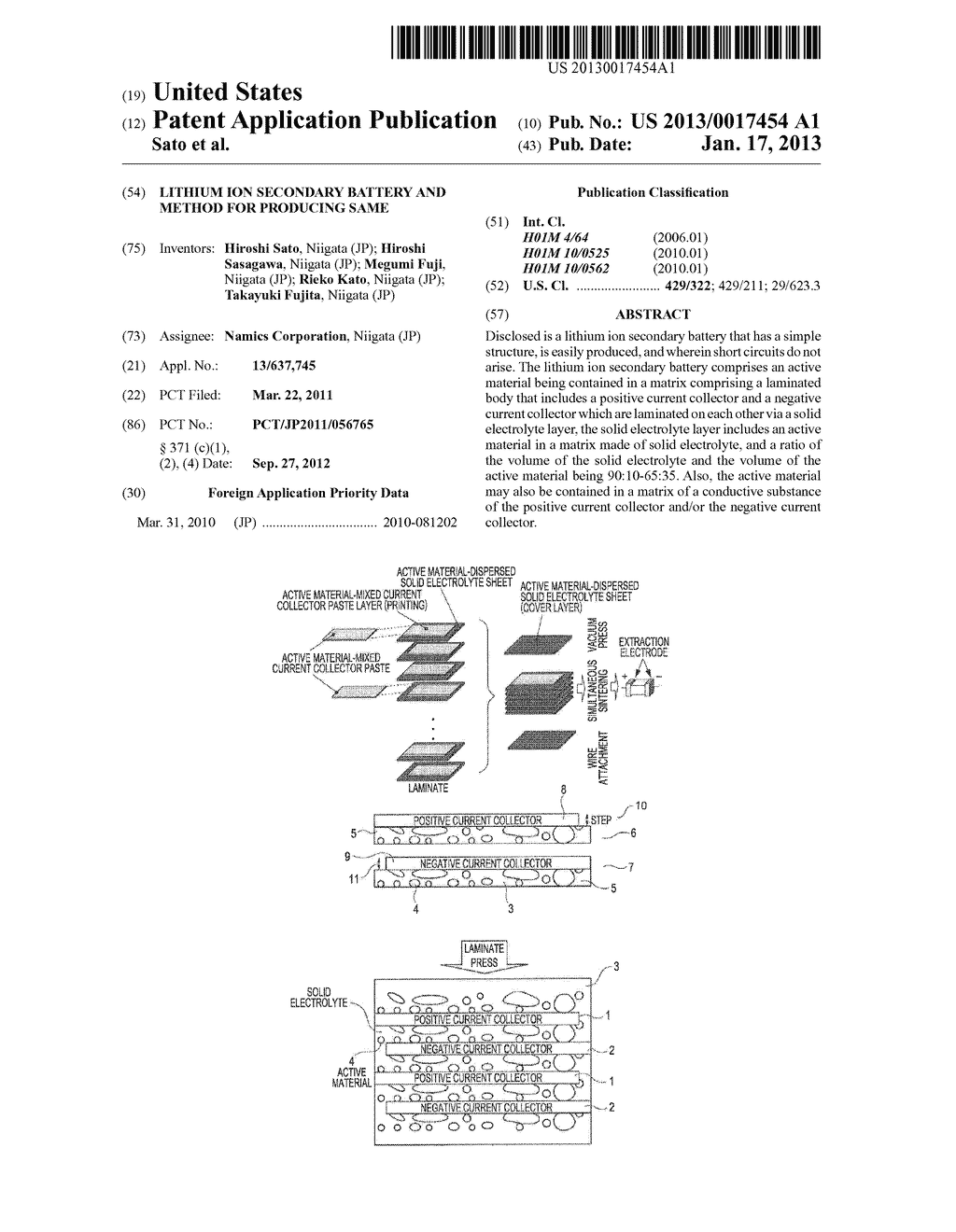 LITHIUM ION SECONDARY BATTERY AND METHOD FOR PRODUCING SAMEAANM Sato; HiroshiAACI NiigataAACO JPAAGP Sato; Hiroshi Niigata JPAANM Sasagawa; HiroshiAACI NiigataAACO JPAAGP Sasagawa; Hiroshi Niigata JPAANM Fuji; MegumiAACI NiigataAACO JPAAGP Fuji; Megumi Niigata JPAANM Kato; RiekoAACI NiigataAACO JPAAGP Kato; Rieko Niigata JPAANM Fujita; TakayukiAACI NiigataAACO JPAAGP Fujita; Takayuki Niigata JP - diagram, schematic, and image 01