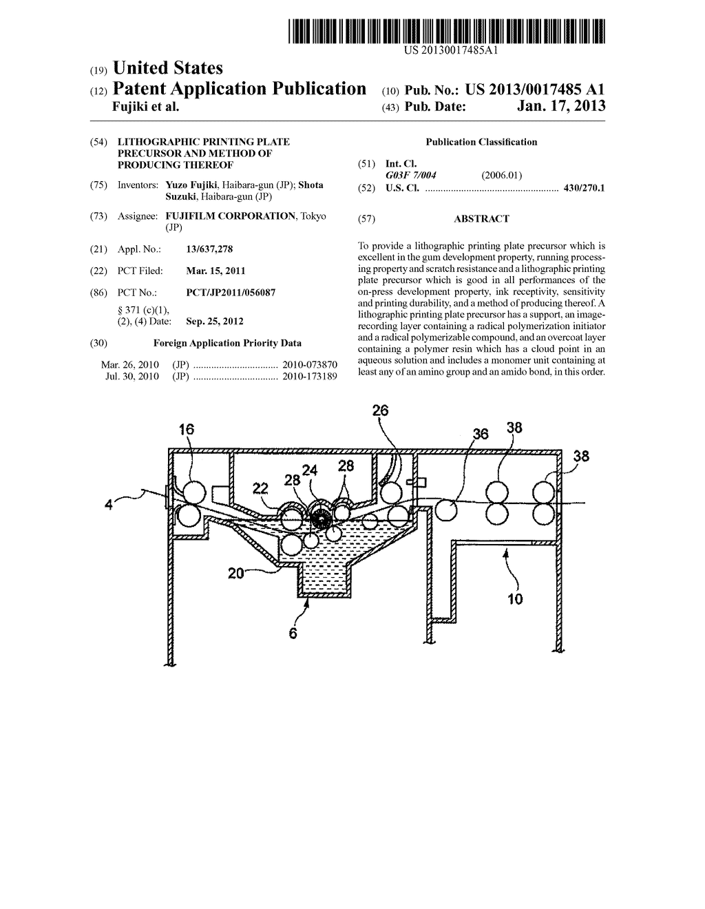 LITHOGRAPHIC PRINTING PLATE PRECURSOR AND METHOD OF PRODUCING THEREOFAANM Fujiki; YuzoAACI Haibara-gunAACO JPAAGP Fujiki; Yuzo Haibara-gun JPAANM Suzuki; ShotaAACI Haibara-gunAACO JPAAGP Suzuki; Shota Haibara-gun JP - diagram, schematic, and image 01