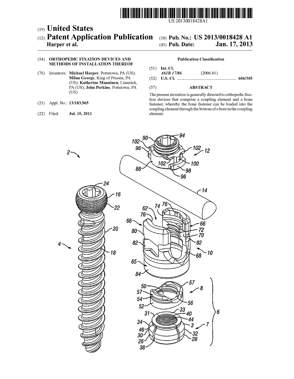 Orthopedic Fixation Devices and Methods of Installation ThereofAANM Harper; MichaelAACI PottstownAAST PAAACO USAAGP Harper; Michael Pottstown PA USAANM George; MilanAACI King of PrussiaAAST PAAACO USAAGP George; Milan King of Prussia PA USAANM Manninen; KatherineAACI LimerickAAST PAAACO USAAGP Manninen; Katherine Limerick PA USAANM Perkins; JohnAACI PottstownAAST PAAACO USAAGP Perkins; John Pottstown PA US - diagram, schematic, and image 01