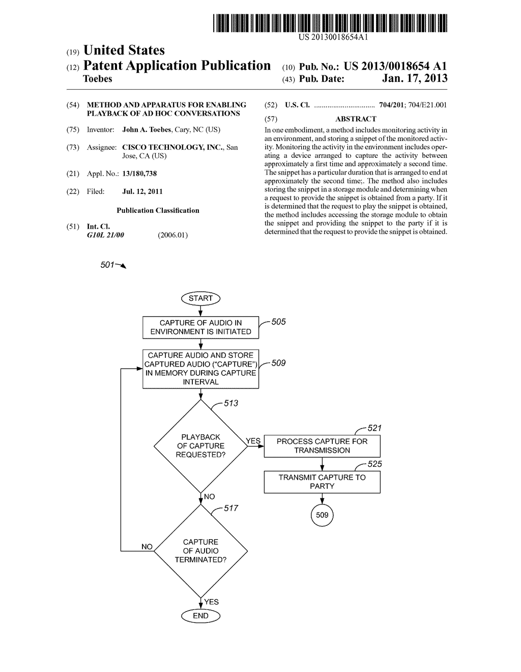 METHOD AND APPARATUS FOR ENABLING PLAYBACK OF AD HOC CONVERSATIONSAANM Toebes; John A.AACI CaryAAST NCAACO USAAGP Toebes; John A. Cary NC US - diagram, schematic, and image 01