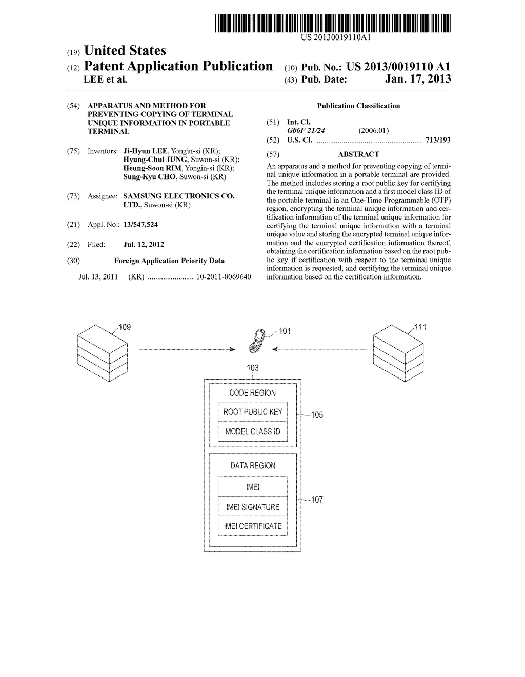 APPARATUS AND METHOD FOR PREVENTING COPYING OF TERMINAL UNIQUE INFORMATION     IN PORTABLE TERMINALAANM LEE; Ji-HyunAACI Yongin-siAACO KRAAGP LEE; Ji-Hyun Yongin-si KRAANM JUNG; Hyung-ChulAACI Suwon-siAACO KRAAGP JUNG; Hyung-Chul Suwon-si KRAANM RIM; Heung-SoonAACI Yongin-siAACO KRAAGP RIM; Heung-Soon Yongin-si KRAANM CHO; Sung-KyuAACI Suwon-siAACO KRAAGP CHO; Sung-Kyu Suwon-si KR - diagram, schematic, and image 01