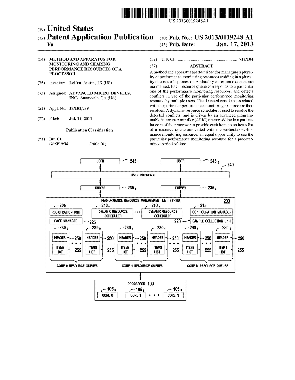 METHOD AND APPARATUS FOR MONITORING AND SHARING PERFORMANCE RESOURCES OF A     PROCESSORAANM Yu; LeiAACI AustinAAST TXAACO USAAGP Yu; Lei Austin TX US - diagram, schematic, and image 01