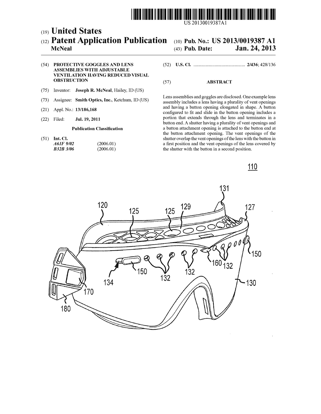 PROTECTIVE GOGGLES AND LENS ASSEMBLIES WITH ADJUSTABLE VENTILATION HAVING     REDUCED VISUAL OBSTRUCTION - diagram, schematic, and image 01