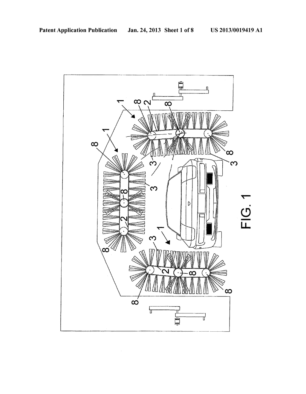WASHING BRISTLE BRUSH FOR AUTOMATIC MOTOR VEHICLE WASHING SYSTEMS,     INCLUDING A PLURALITY OF ENDLESS BELT ELEMENTS ENTRAINED AT THE TWO     PORTIONS THEREOF ON ENTRAINING ROLLERS DRIVEN BY ELECTRIC MOTORS OR     MECHANICAL DRIVING MEMBERS - diagram, schematic, and image 02