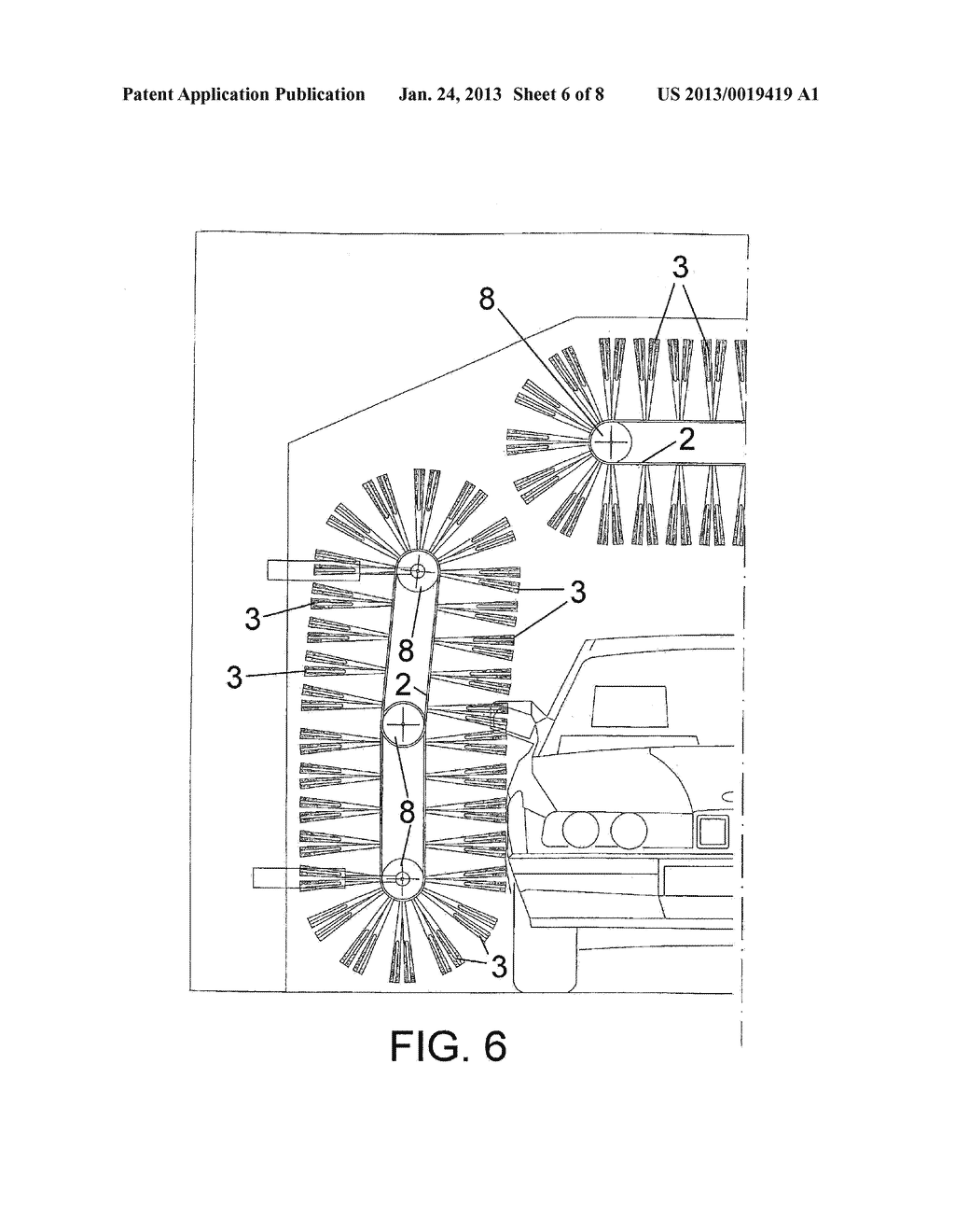 WASHING BRISTLE BRUSH FOR AUTOMATIC MOTOR VEHICLE WASHING SYSTEMS,     INCLUDING A PLURALITY OF ENDLESS BELT ELEMENTS ENTRAINED AT THE TWO     PORTIONS THEREOF ON ENTRAINING ROLLERS DRIVEN BY ELECTRIC MOTORS OR     MECHANICAL DRIVING MEMBERS - diagram, schematic, and image 07