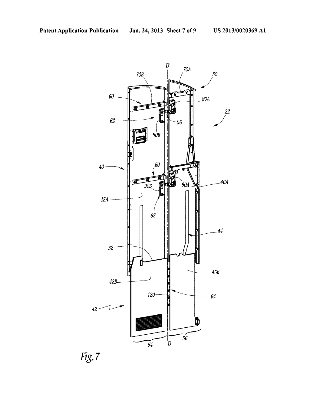 FRANGIBLE HINGE MECHANISM FOR A PLATFORM PARTITION, ASSOCIATED PARTITION,     ASSEMBLY AND METHOD - diagram, schematic, and image 08