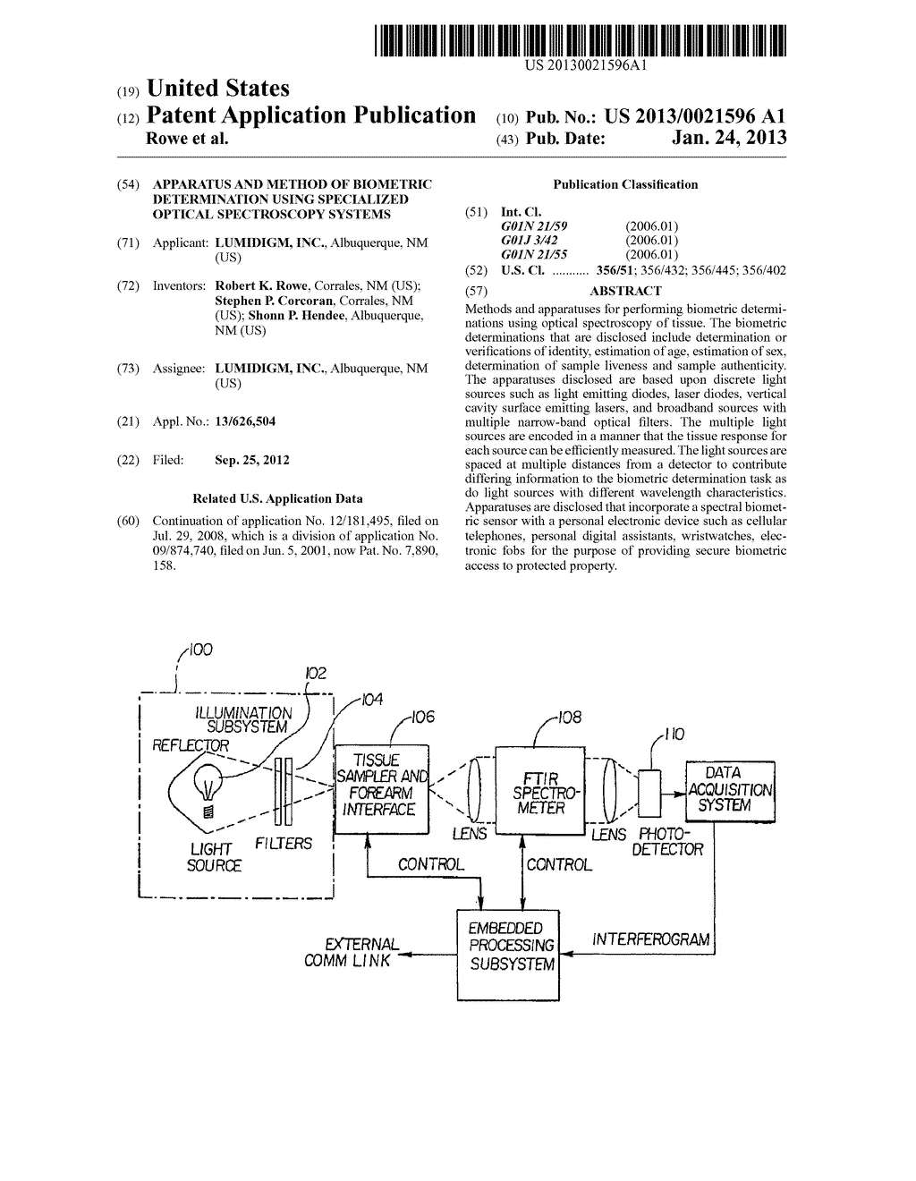 APPARATUS AND METHOD OF BIOMETRIC DETERMINATION USING SPECIALIZED OPTICAL     SPECTROSCOPY SYSTEMS - diagram, schematic, and image 01
