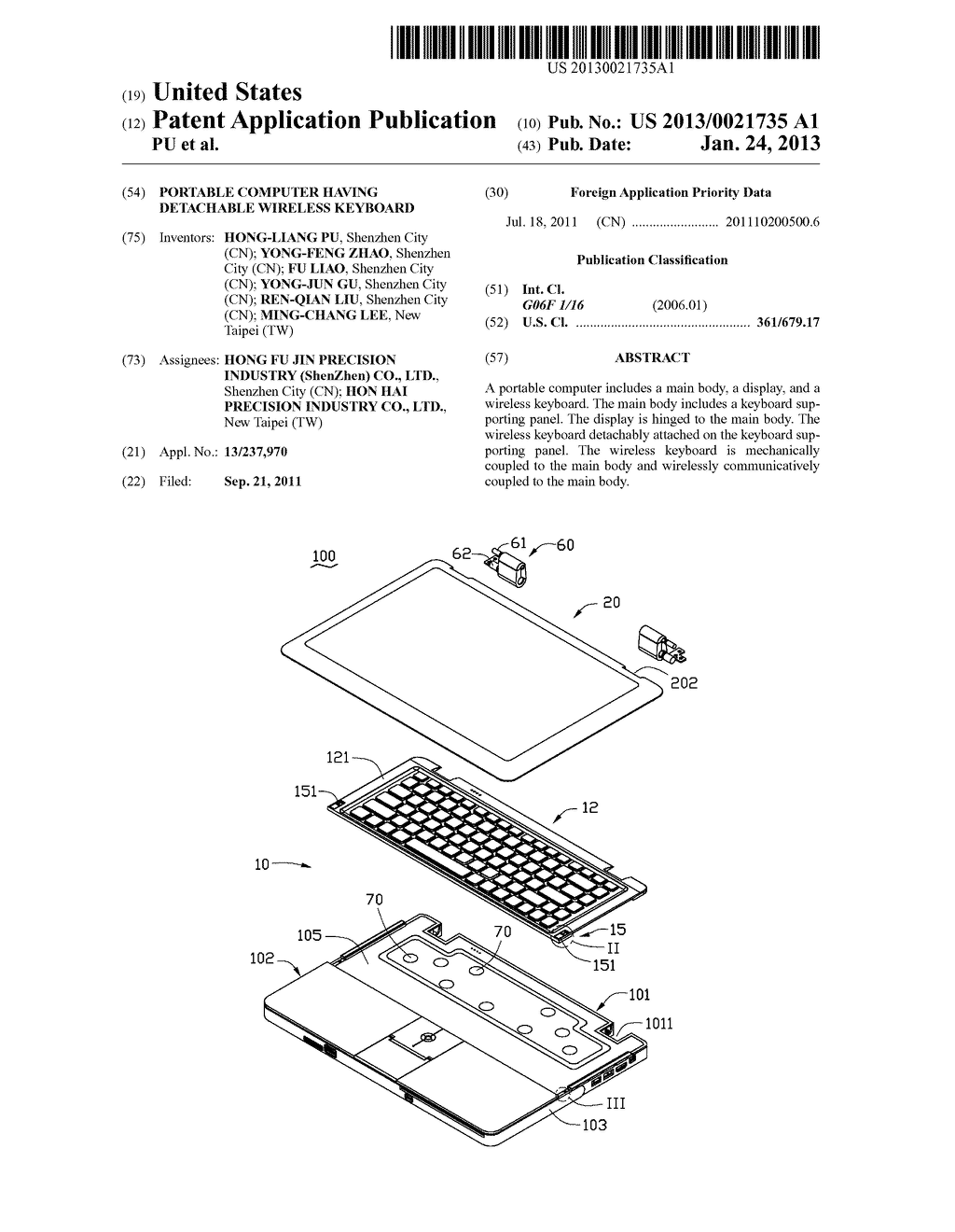 PORTABLE COMPUTER HAVING DETACHABLE WIRELESS KEYBOARD - diagram, schematic, and image 01