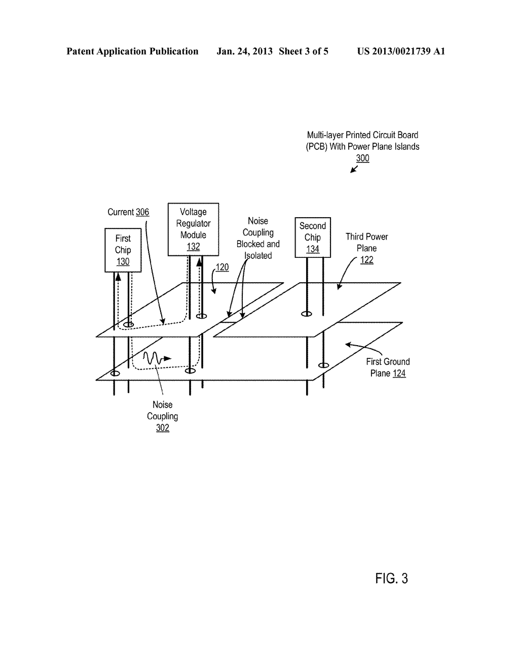 Multi-layer Printed Circuit Board With Power Plane Islands To Isolate     Noise Coupling - diagram, schematic, and image 04