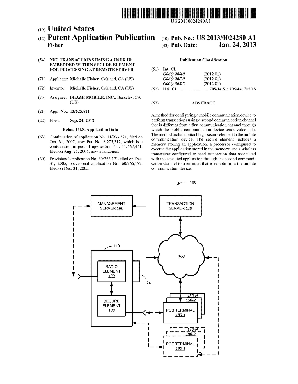 NFC TRANSACTIONS USING A USER ID EMBEDDED WITHIN SECURE ELEMENT FOR     PROCESSING AT REMOTE SERVER - diagram, schematic, and image 01