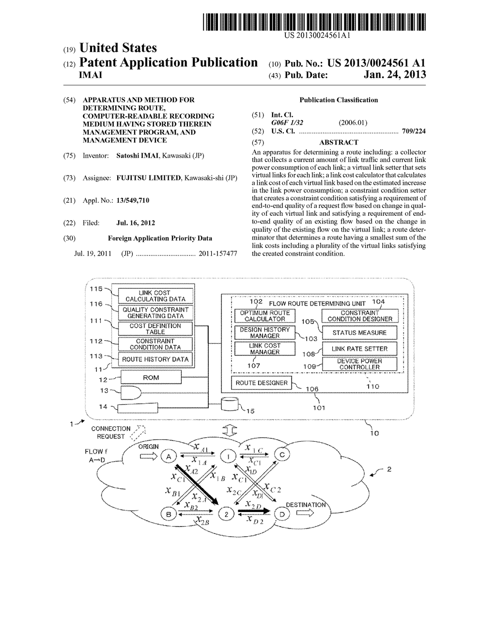 APPARATUS AND METHOD FOR DETERMINING ROUTE, COMPUTER-READABLE RECORDING     MEDIUM HAVING STORED THEREIN MANAGEMENT PROGRAM, AND MANAGEMENT DEVICE - diagram, schematic, and image 01