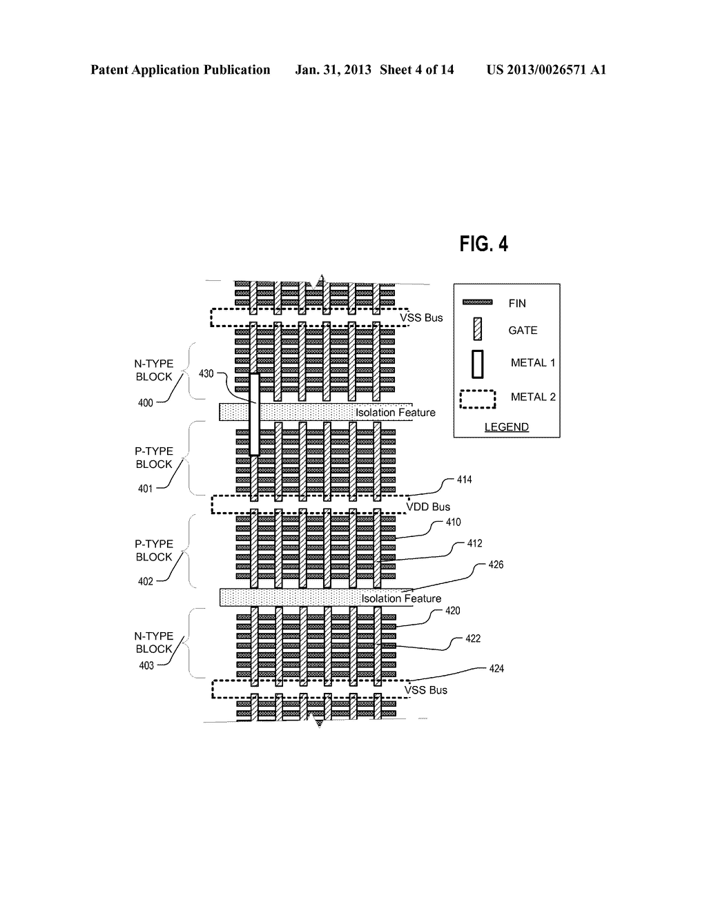 N-CHANNEL AND P-CHANNEL FINFET CELL ARCHITECTURE WITH INTER-BLOCK     INSULATOR - diagram, schematic, and image 05