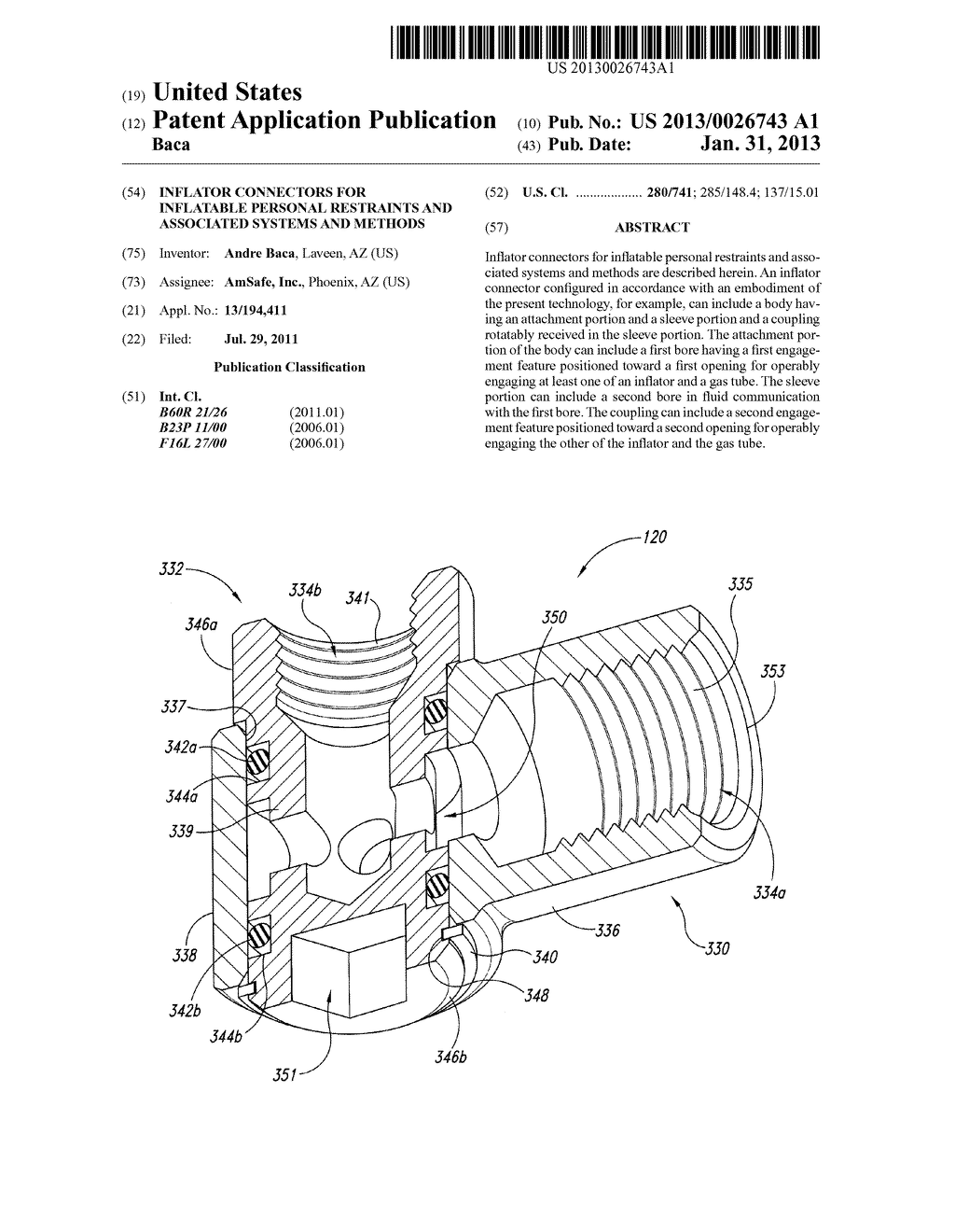 INFLATOR CONNECTORS FOR INFLATABLE PERSONAL RESTRAINTS AND ASSOCIATED     SYSTEMS AND METHODS - diagram, schematic, and image 01