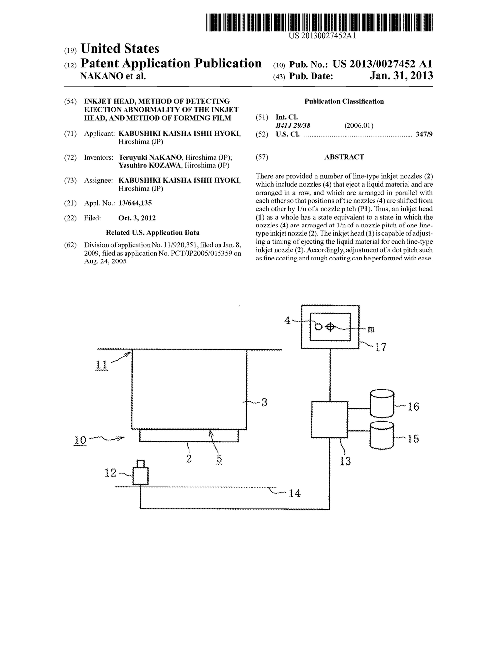 INKJET HEAD, METHOD OF DETECTING EJECTION ABNORMALITY OF THE INKJET HEAD,     AND METHOD OF FORMING FILM - diagram, schematic, and image 01