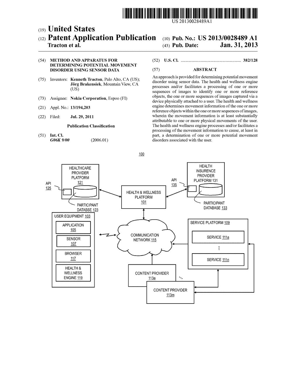 METHOD AND APPARATUS FOR DETERMINING POTENTIAL MOVEMENT DISORDER  USING     SENSOR DATA - diagram, schematic, and image 01